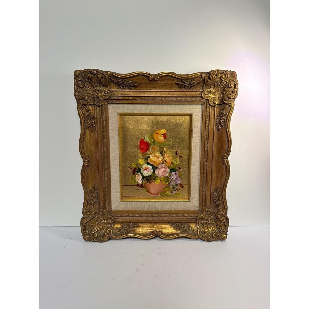 R. Rosini Original Floral Still Life Oil Painting on Board in Ornate Gilt Frame